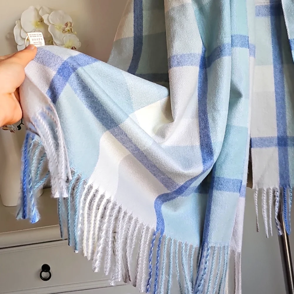 Pretty Pursuasians Scarf Pale Blue White Gray Fringe Scarf Wrap